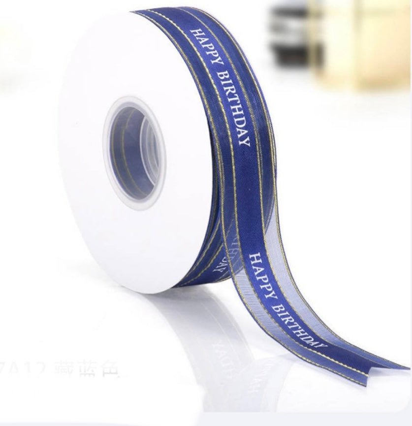 Happy Birthday Organza Ribbon With Gold Edging- Blue