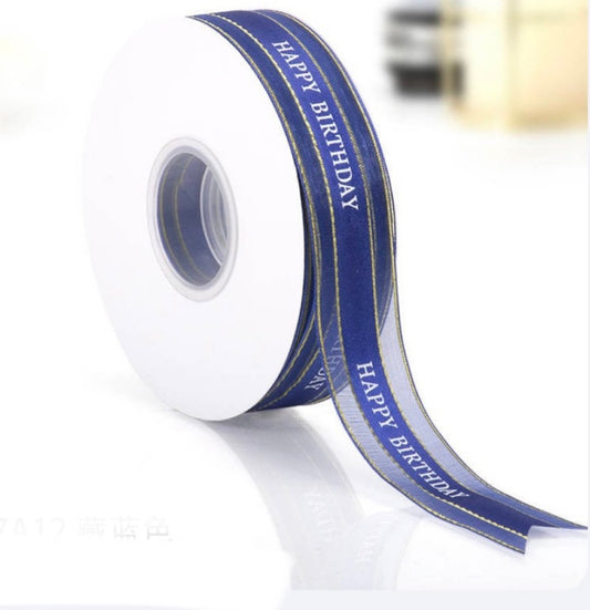 Happy Birthday Organza Ribbon With Gold Edging- Blue